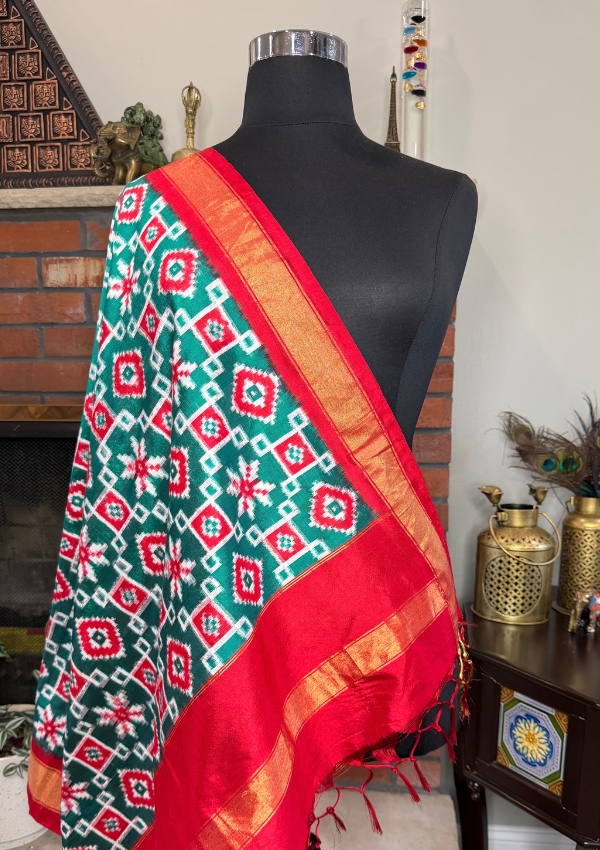 Teal Red Patola Dupatta